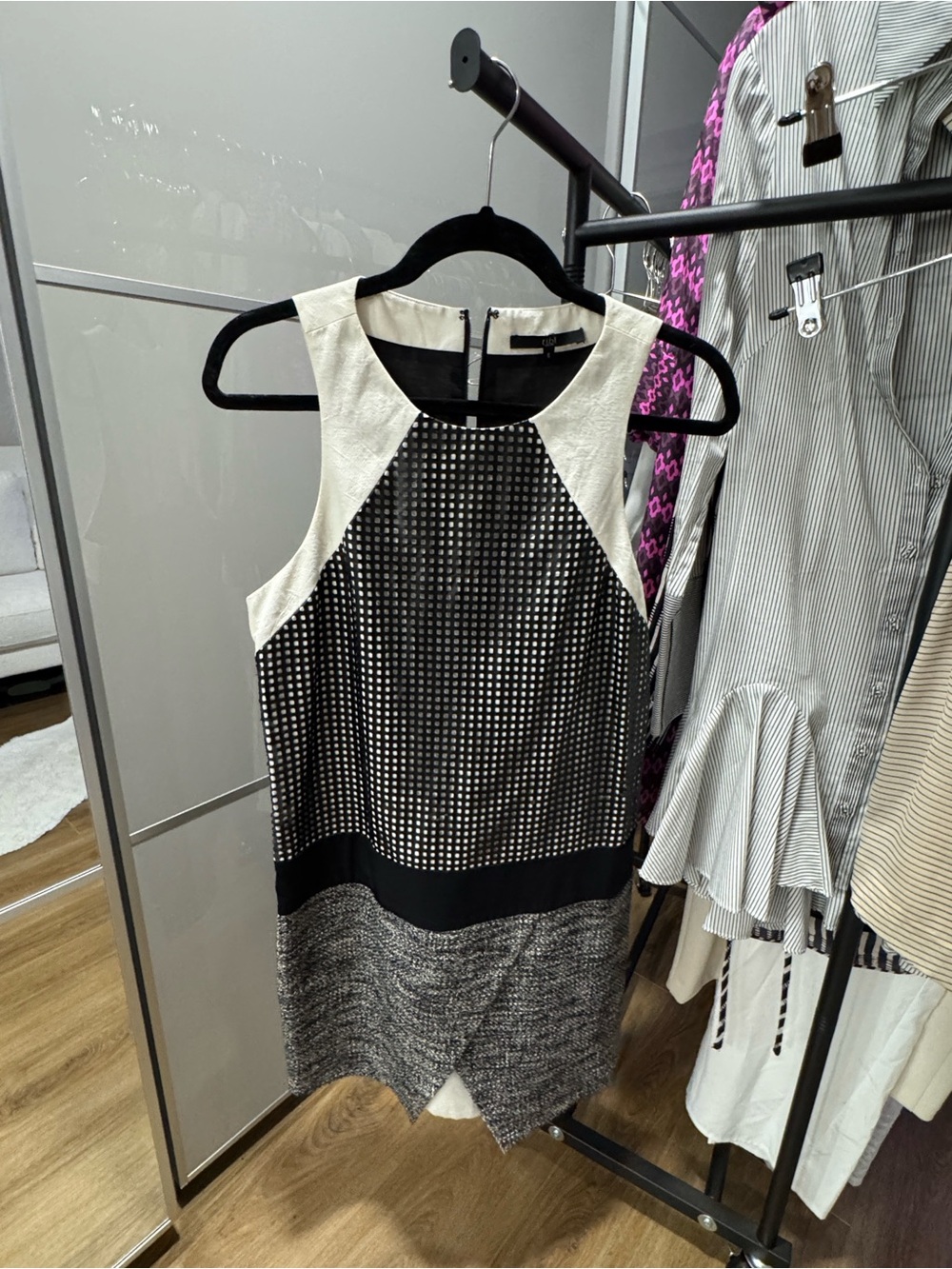 Tibi Black and White Mixed-Texture Asymmetrical Shift Dress